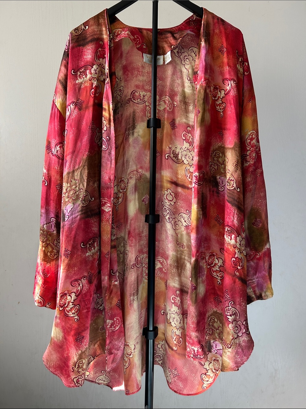 Vintage 100% Silk Open-Front Kimono Robe in Pink Multicolor